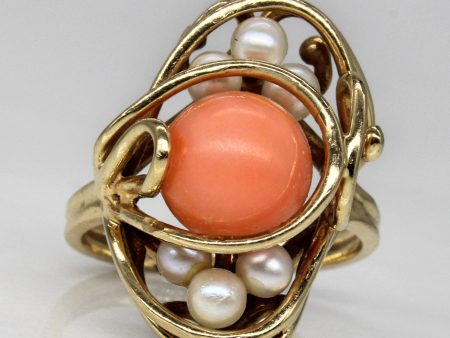 Abstract Coral & Pearl Wire Ring | 4.00ct | SZ 5.75 | Cheap